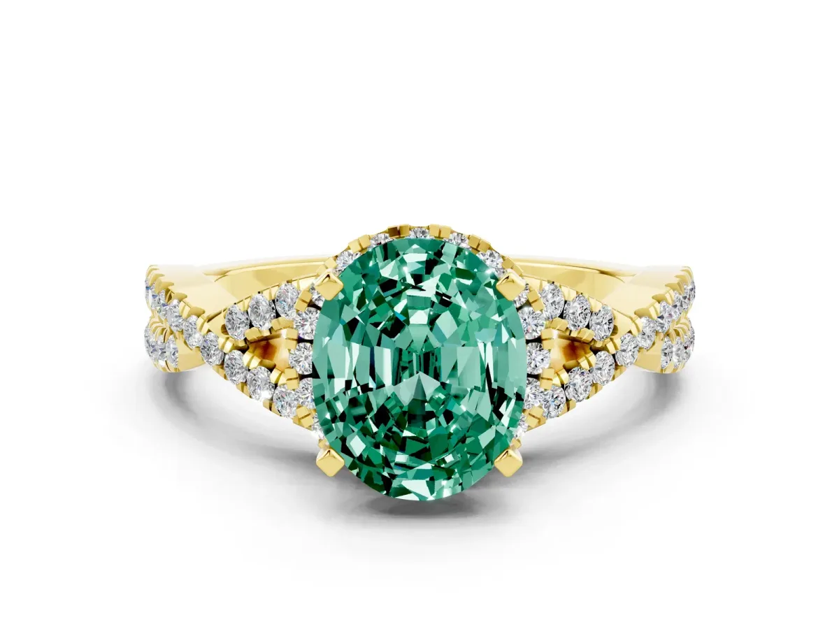 Oval Cut Green Sapphire Halo Twist Band Solitaire Prong Setting Ring Yellow gold
