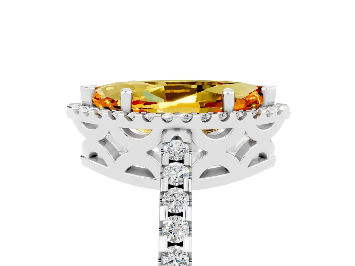 Marquise Cut Citrine Halo Engagement Ring with Pavé Band and Prong Setting White gold