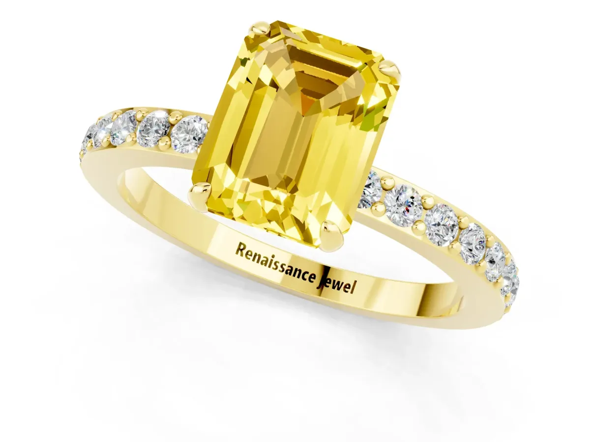 Emerald Cut Yellow Sapphire Solitaire Engagement Ring with Pavé Band and Four-Prong Setting Yellow gold
