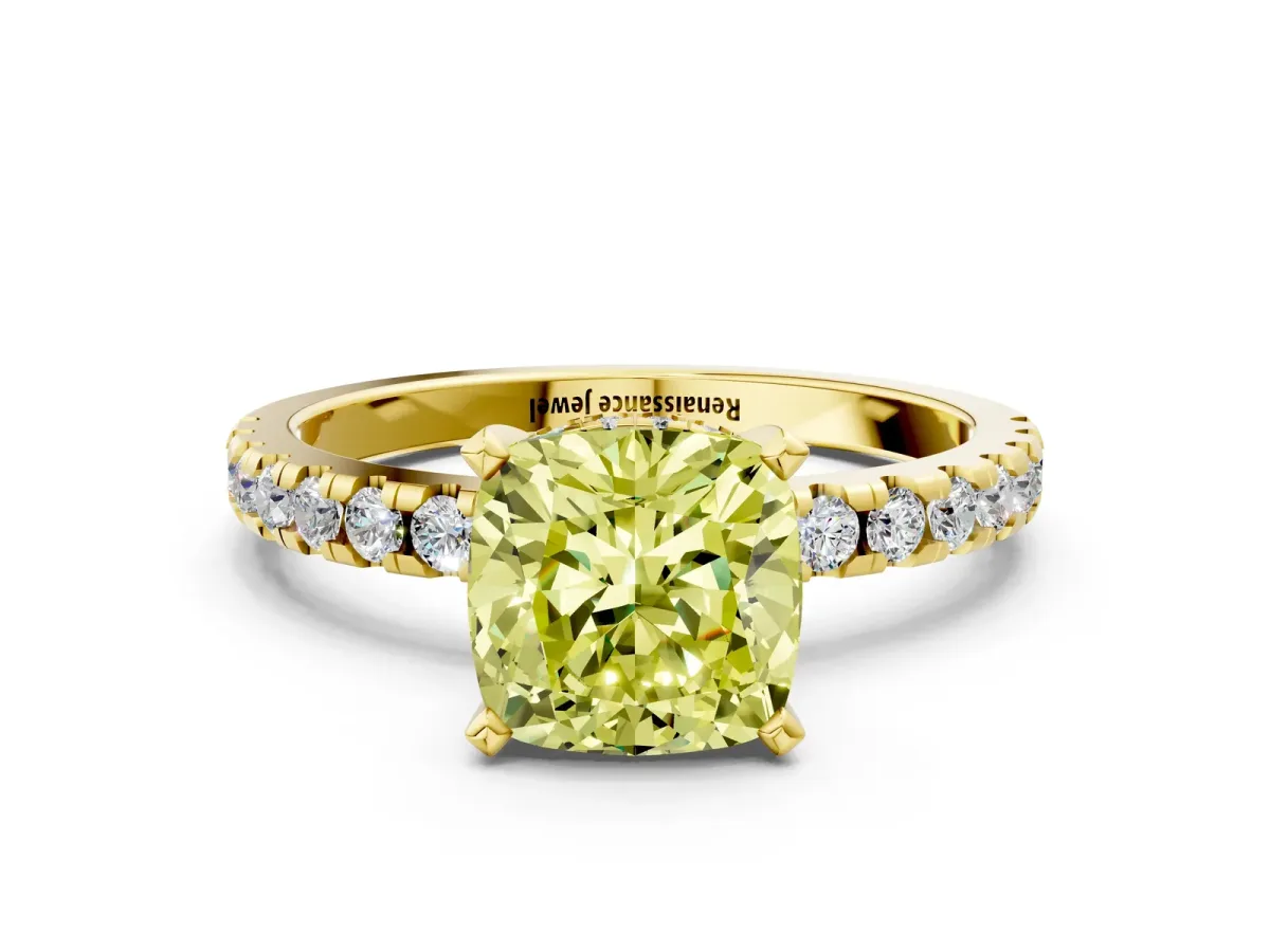Fancy Yellow Cushion Cut Diamond Solitaire Ring with Round Pavé Band and Four-Prong Setting Yellow gold
