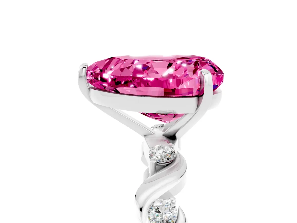 Heart Cut Pink Sapphire Solitaire Twisted Band with Round Accents and Prong Setting Platinum