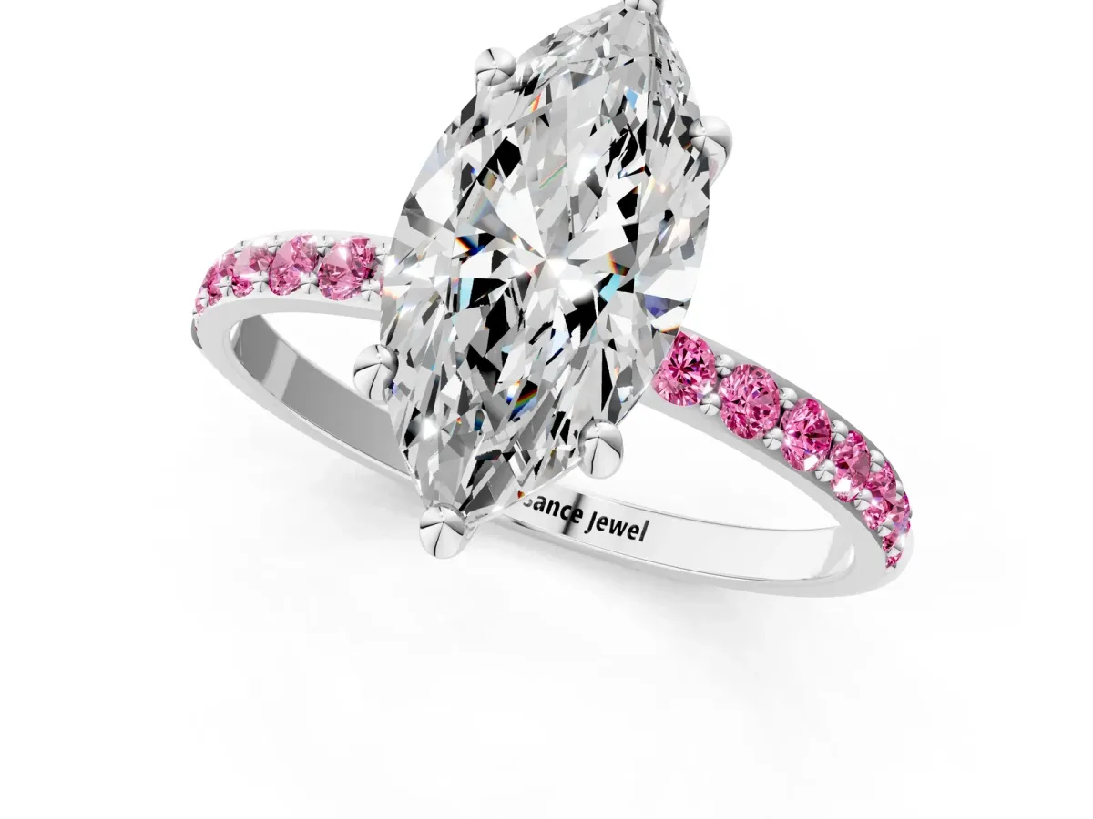 Marquise Cut Diamond Solitaire Ring with Round Pink Sapphire Pavé Band and Prong Setting White gold