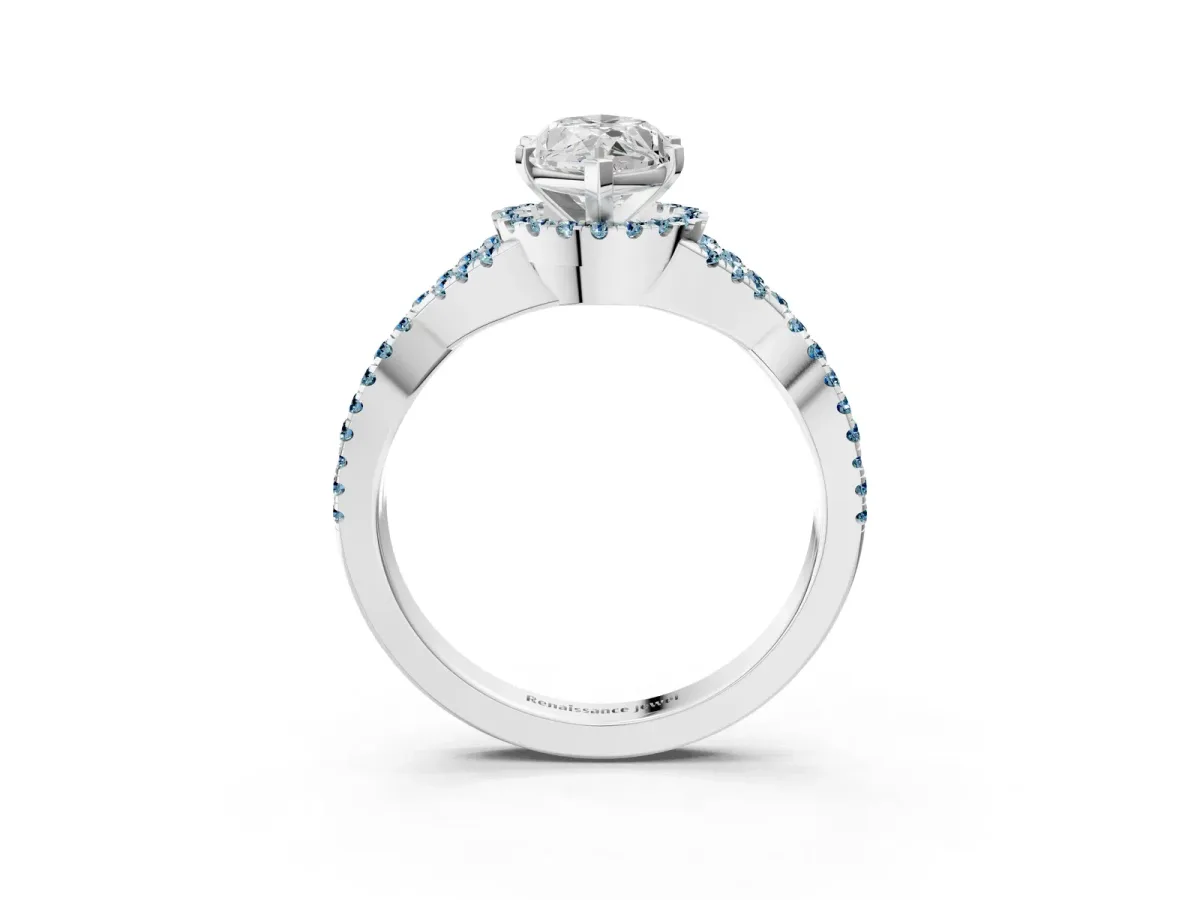 Marquise Cut Diamond Aquamarine Halo Twist Band Solitaire Prong Setting Ring White gold