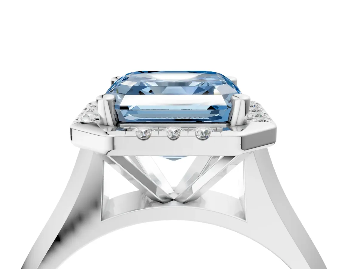Fancy Blue Asscher Cut Cut Halo Solitaire Engagement Ring with Square Band and Four-Prong Setting White gold