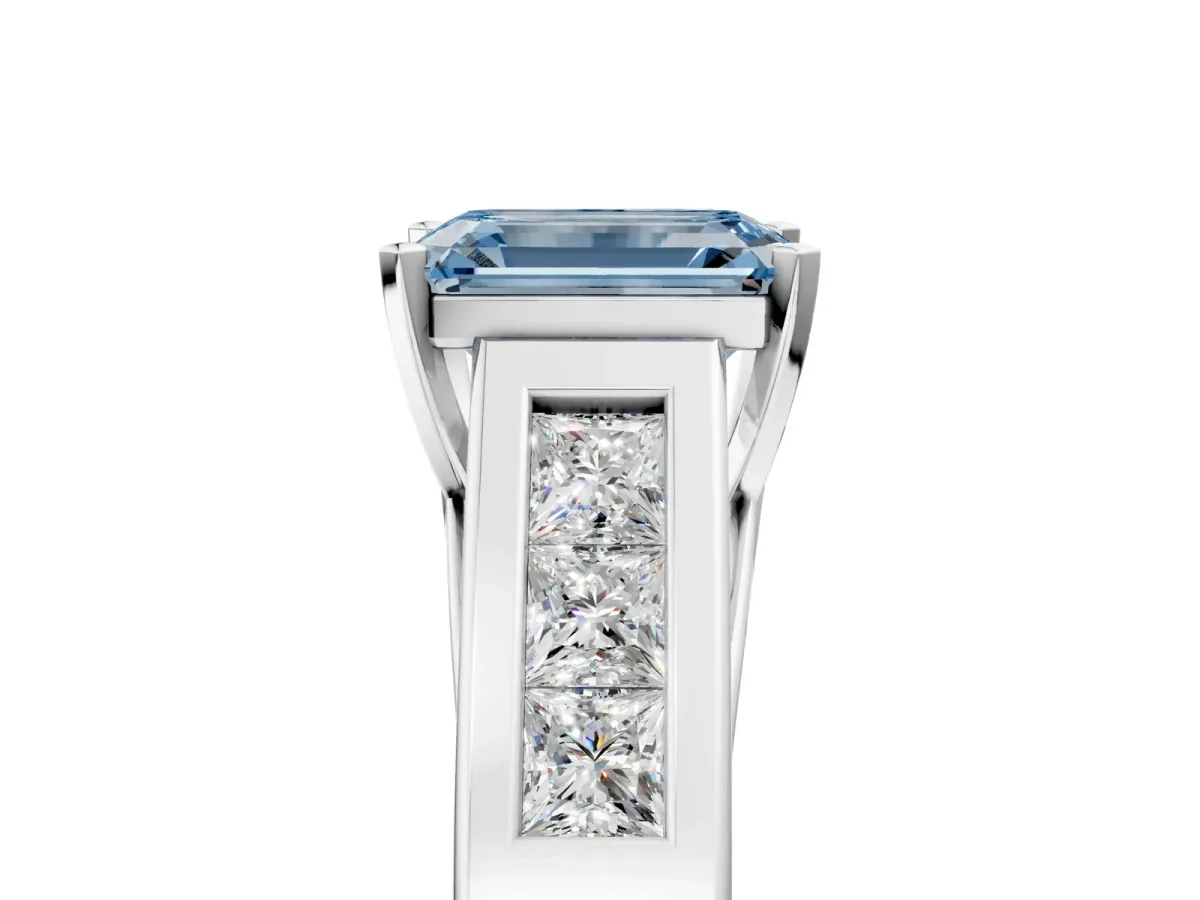 Fancy Blue Emerald Cut Cut Channel Set Solitaire Ring with Four-Prong Setting White gold