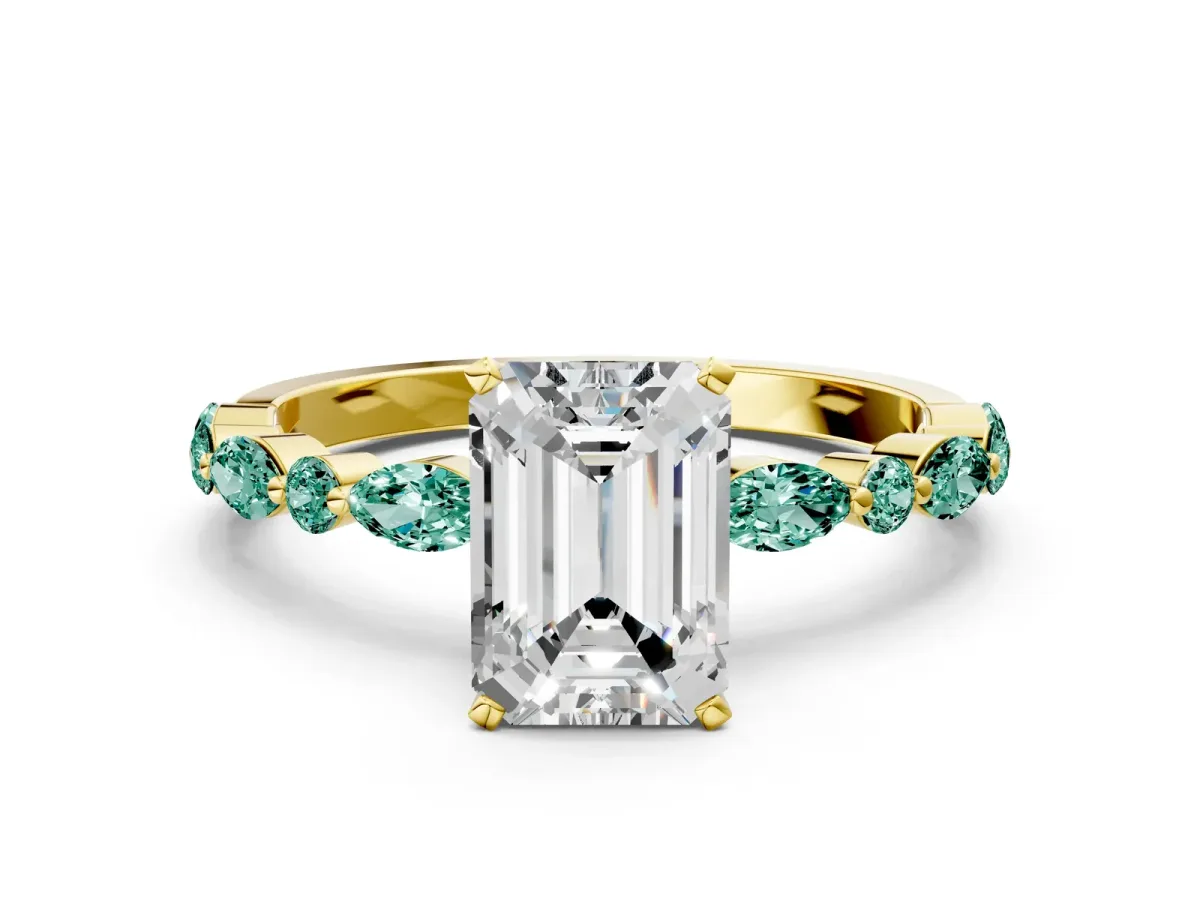 Emerald Cut Diamond Ring with Marquise and Round Green Sapphire Side Stones and Four-Prong Setting Yellow gold