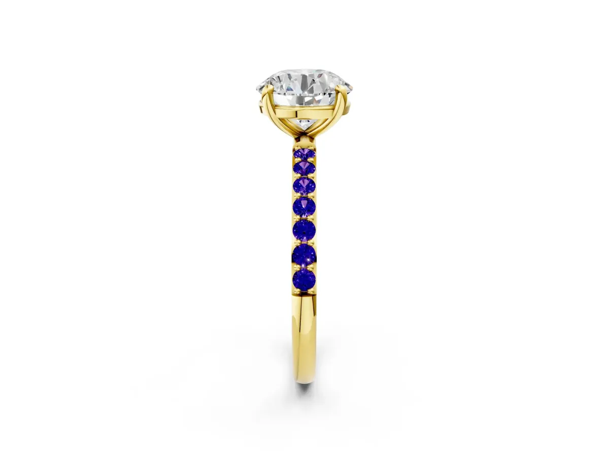 Round Cut Diamond Solitaire Ring with Round Tanzanite Pavé Band and Prong Setting Yellow gold