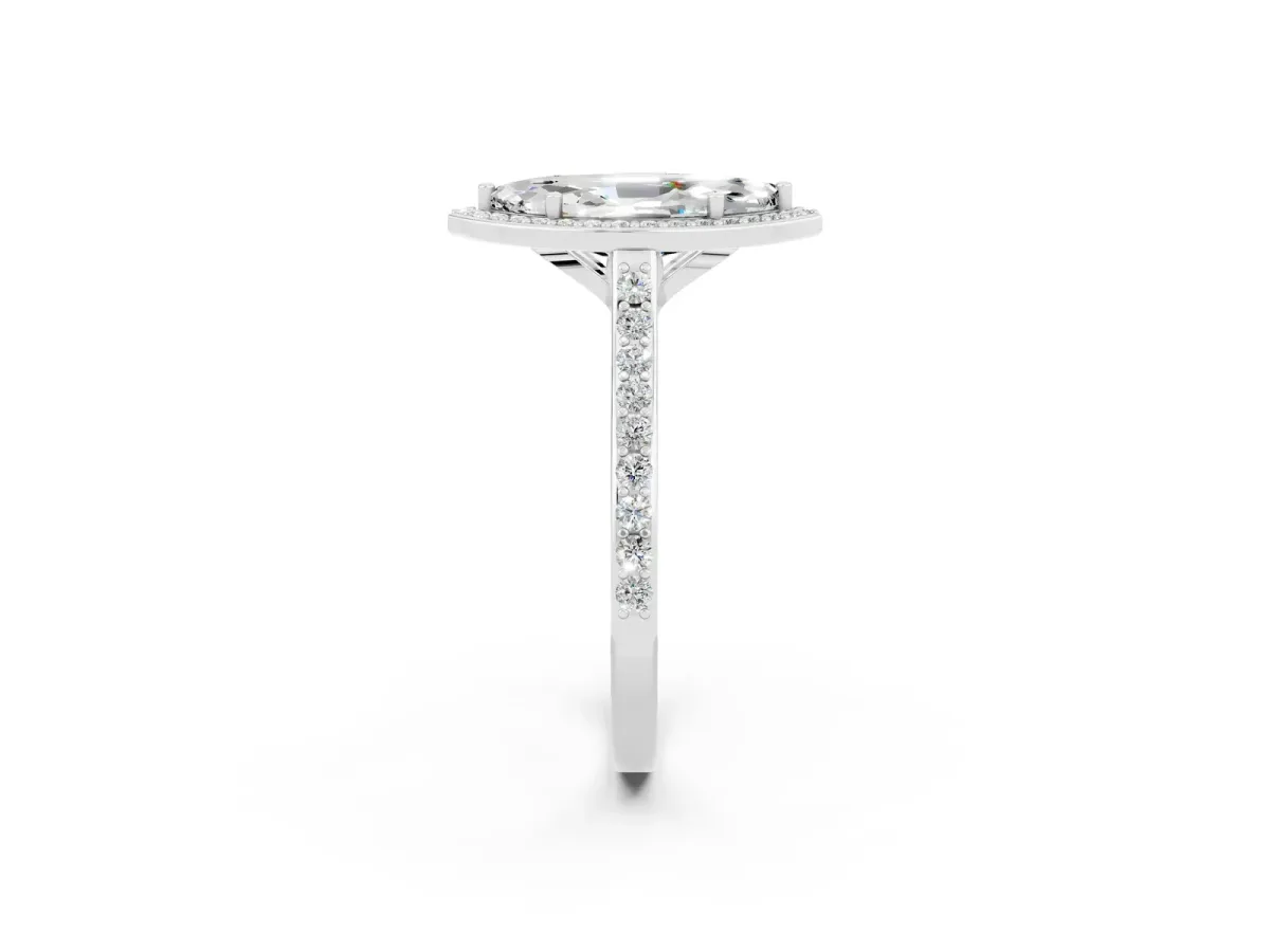 Marquise Cut Moissanite Halo Engagement Ring with Round Pavé Shoulders and Prong Setting Silver