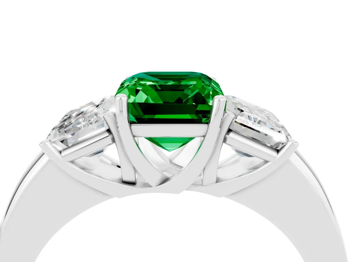 Emerald Cut Emerald Three-Stone Ring with Four-Prong Setting and Classic Band Silver