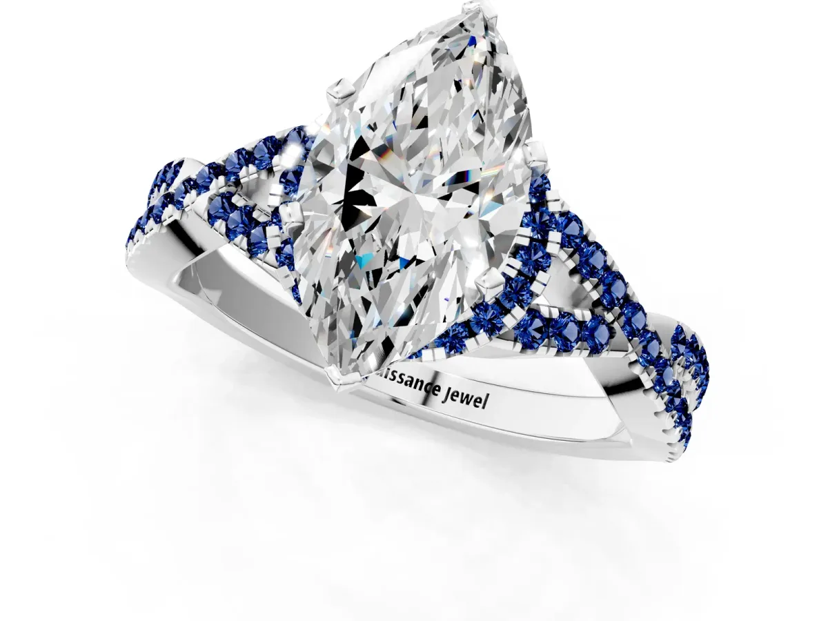 Marquise Cut Diamond Blue Sapphire Halo Twist Band Solitaire Prong Setting Ring White gold