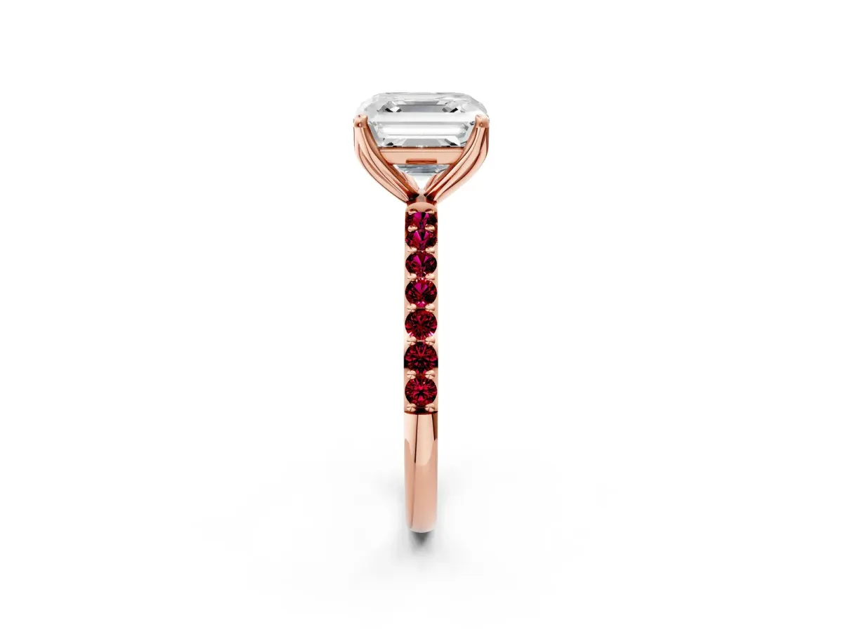 Asscher Cut Diamond Solitaire Engagement Ring with Round Garnet Pavé Band and Prong Setting Rose gold