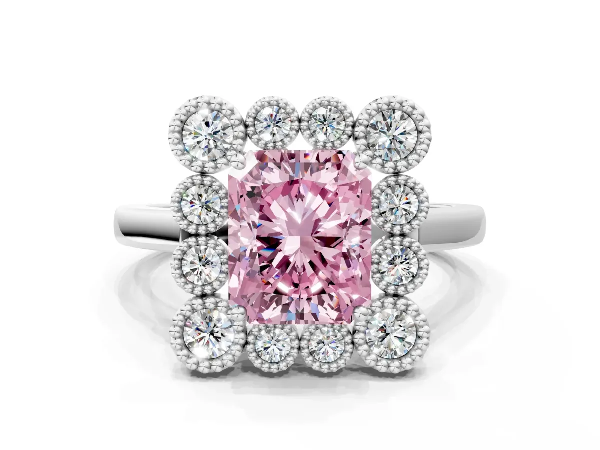 Fancy Pink Radiant Cut Halo Diamond Cluster Engagement Ring with Milgrain Bezel Setting and Solitaire Band Platinum