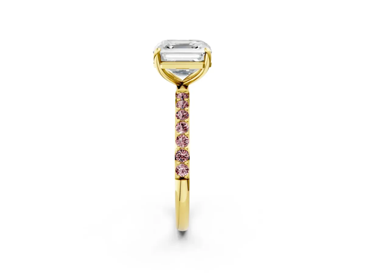 Asscher Cut Diamond Solitaire Ring with Round Morganite Pavé Band and Prong Setting Yellow gold