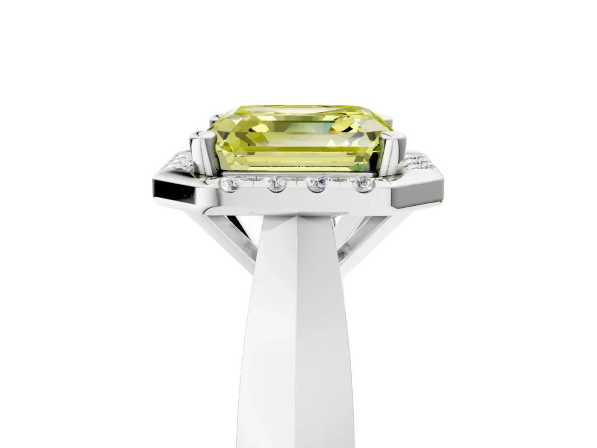Fancy Yellow Asscher Cut Cut Halo Solitaire Engagement Ring with Square Band and Four-Prong Setting White gold