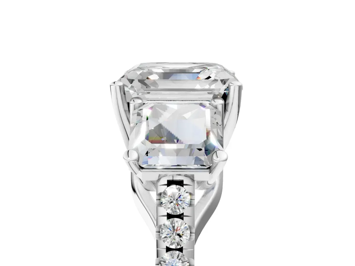 Three-Stone Asscher Cut Diamond Ring with Round Pavé Band and Prong Setting Platinum