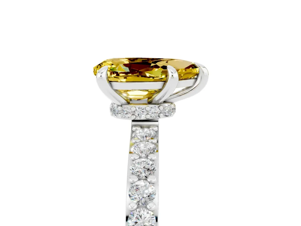 Pear Cut Yellow Sapphire Solitaire Engagement Ring with Pavé Band and Four-Prong Setting White gold