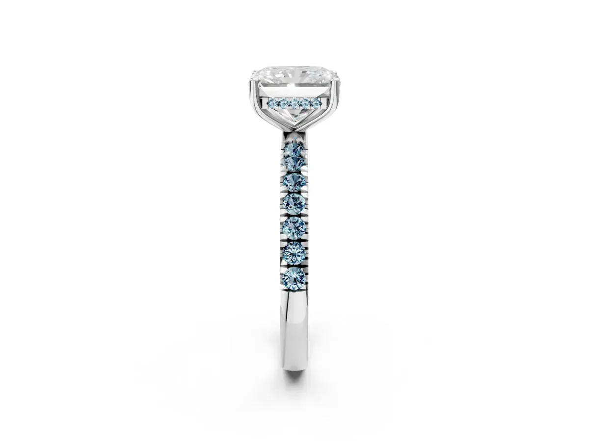 Radiant Cut Diamond Pave Band Solitaire Ring with Round Aquamarine and Prong Setting White gold