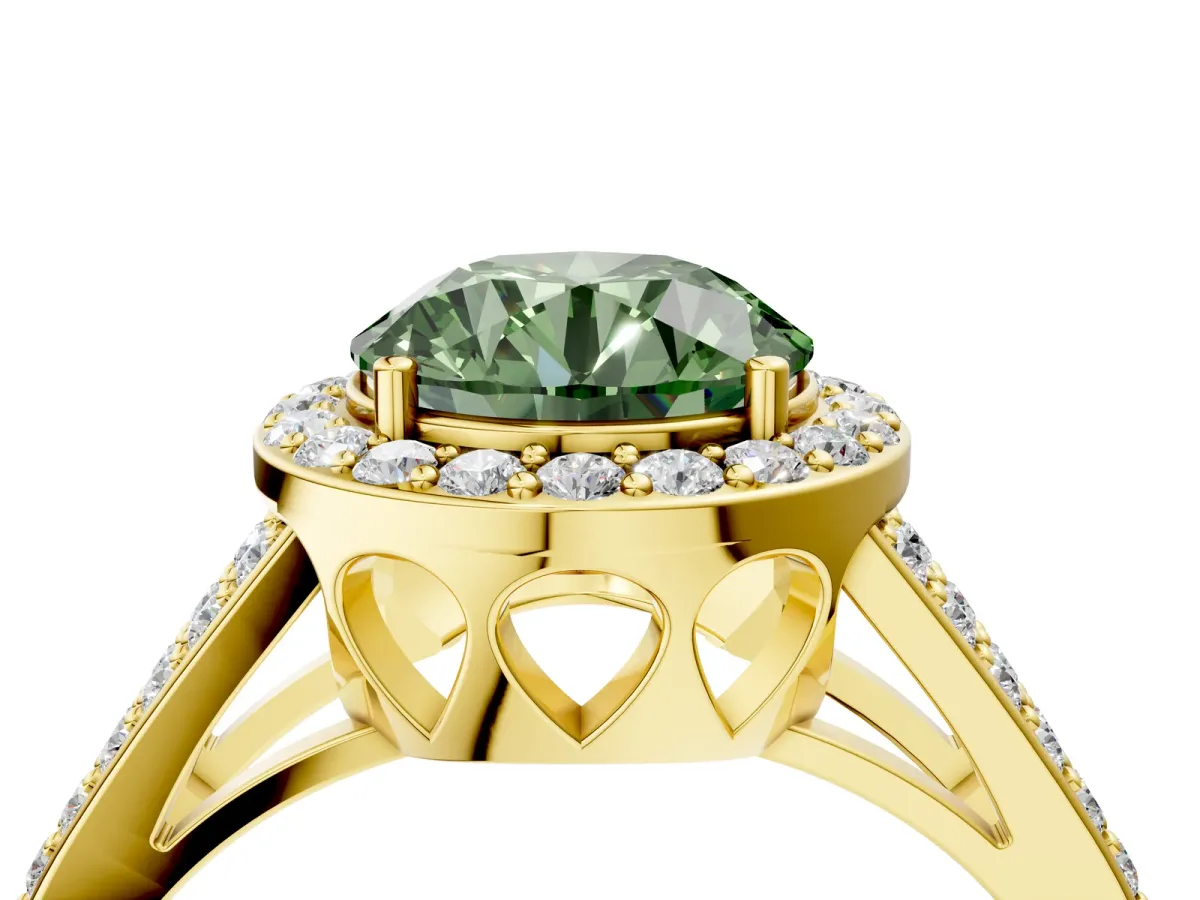 Fancy Green Round Cut Diamond Halo Ring with Split Shank U-Prong Band and Four-Prong Setting Yellow gold