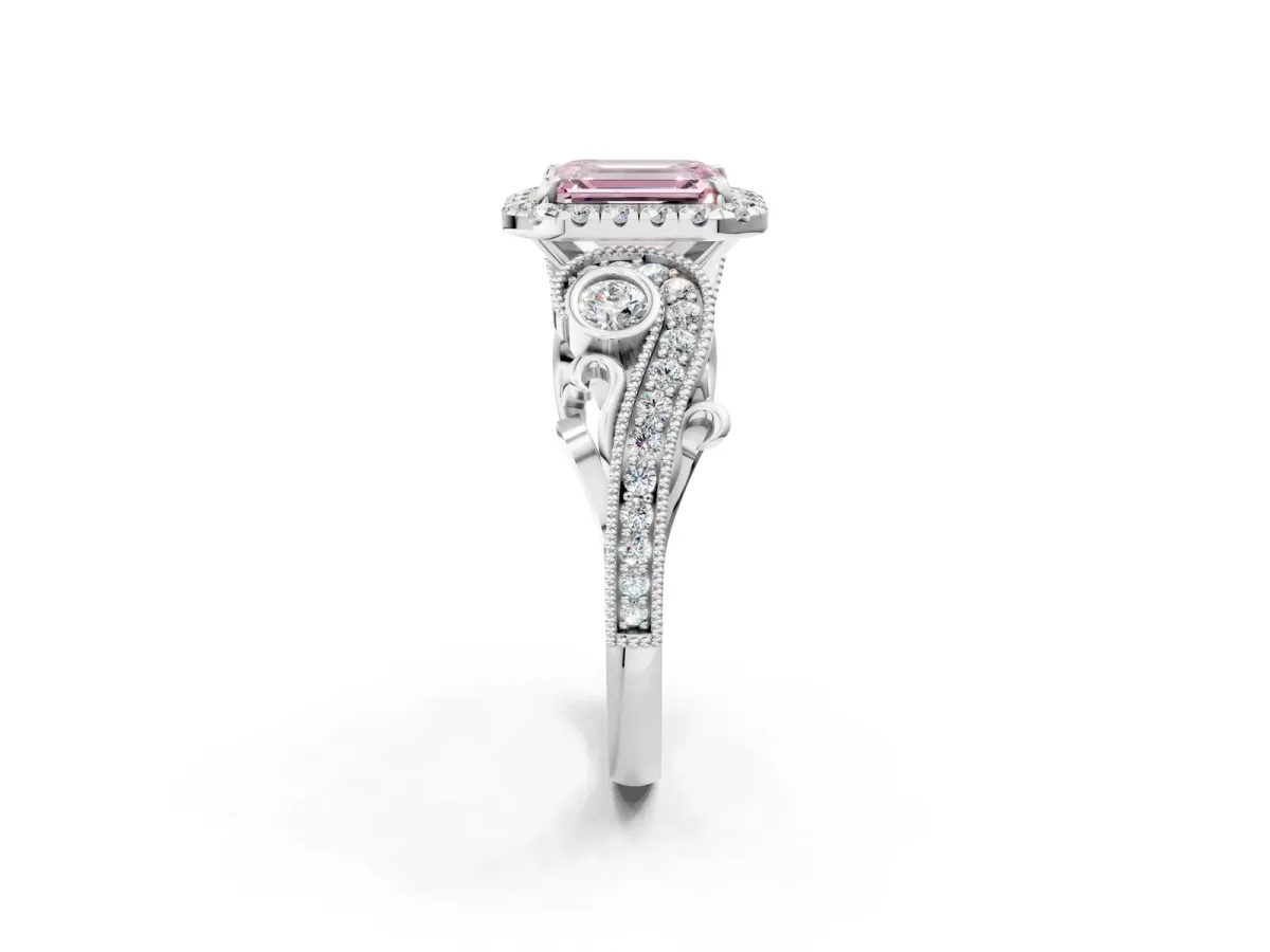 Fancy Pink Emerald Cut Diamond Halo Ring with Milgrain Pavé Band and Four-Prong Setting White gold