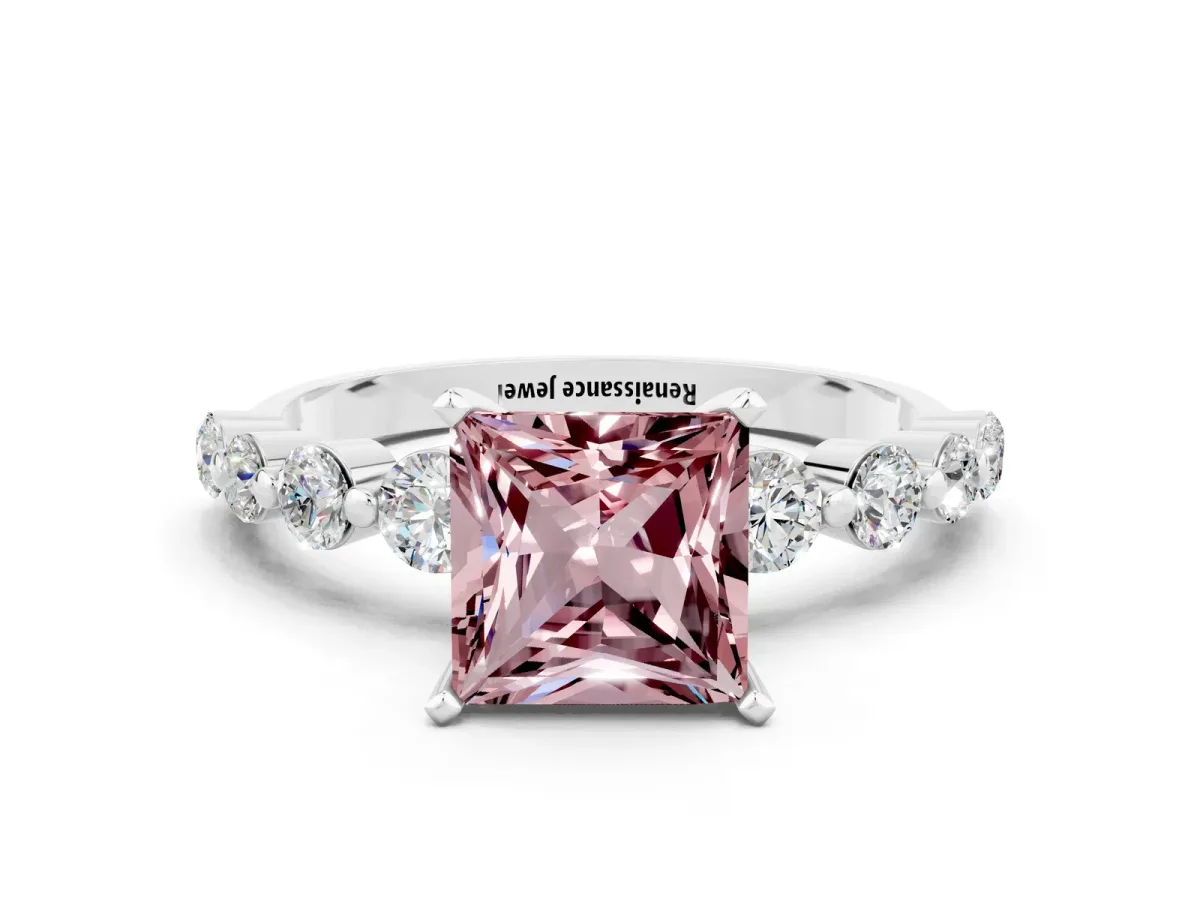 Princess Cut Solitaire Morganite Ring with Pave Band and Four-Prong Setting Silver