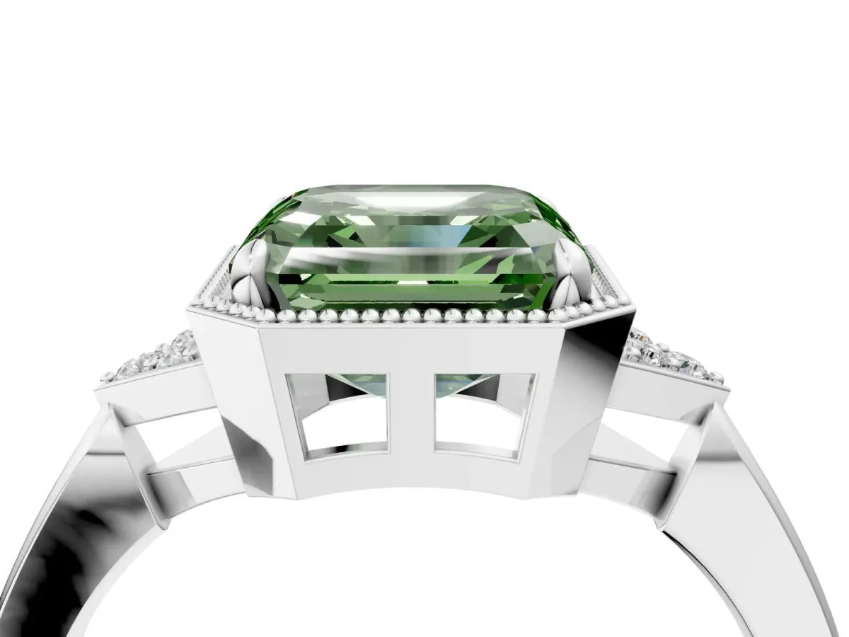 Fancy Green Asscher Cut Diamond Halo Ring with Tapered Band and Four-Prong Setting Platinum