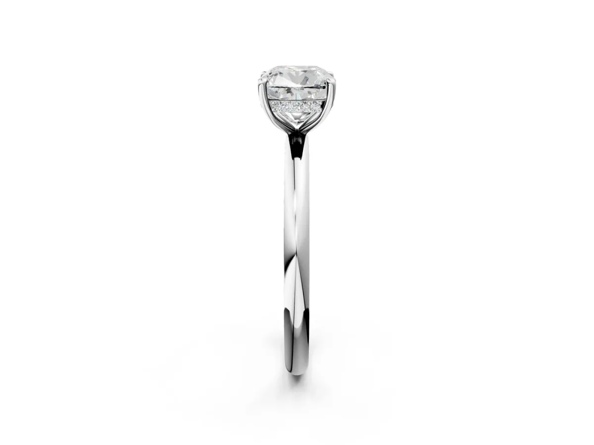 Cushion Cut Diamond Solitaire Ring with Thin Band and Four-Prong Setting White gold
