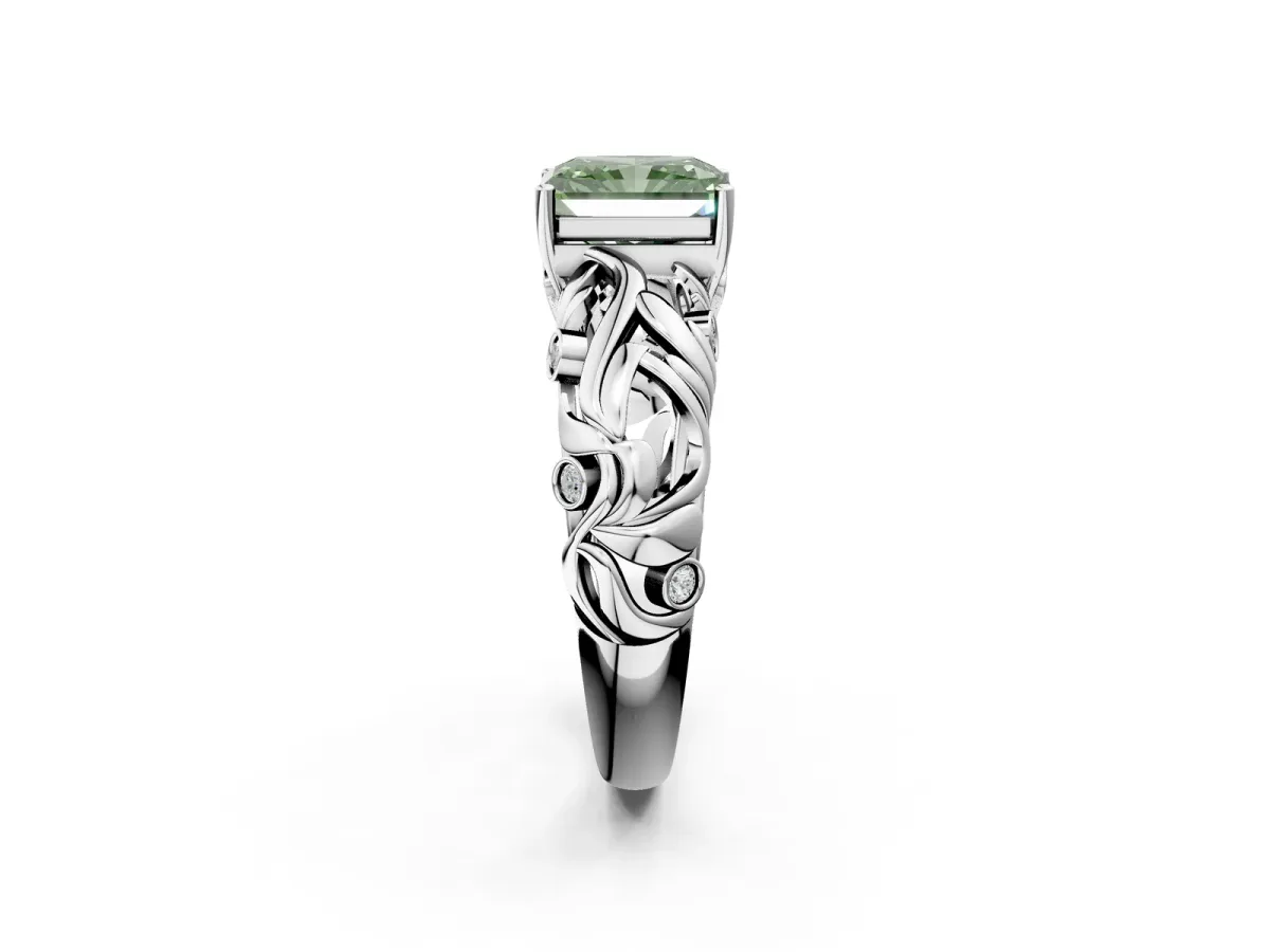Fancy Green Radiant Cut Solitaire Diamond Leaf-Inspired Vine Band Ring with Prong Setting Platinum