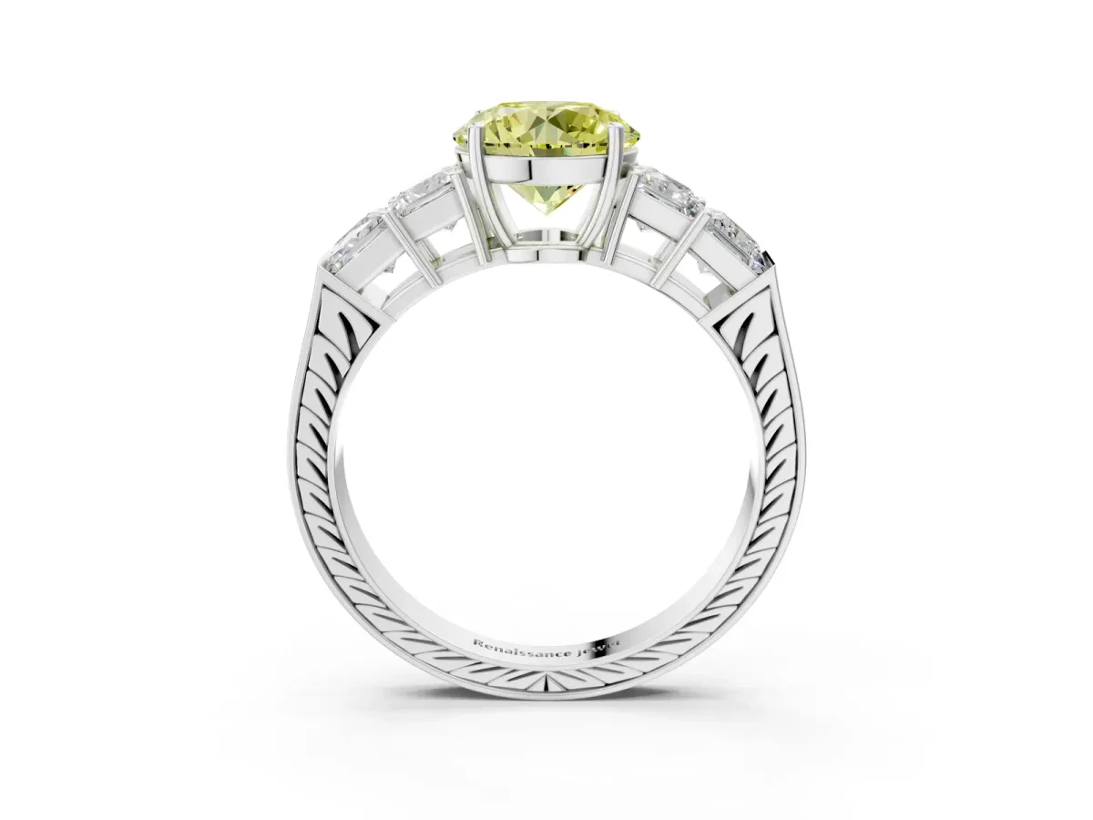 Fancy Yellow Round Cut Solitaire Princess Side Stone Engraved Band Prong Setting Ring Silver