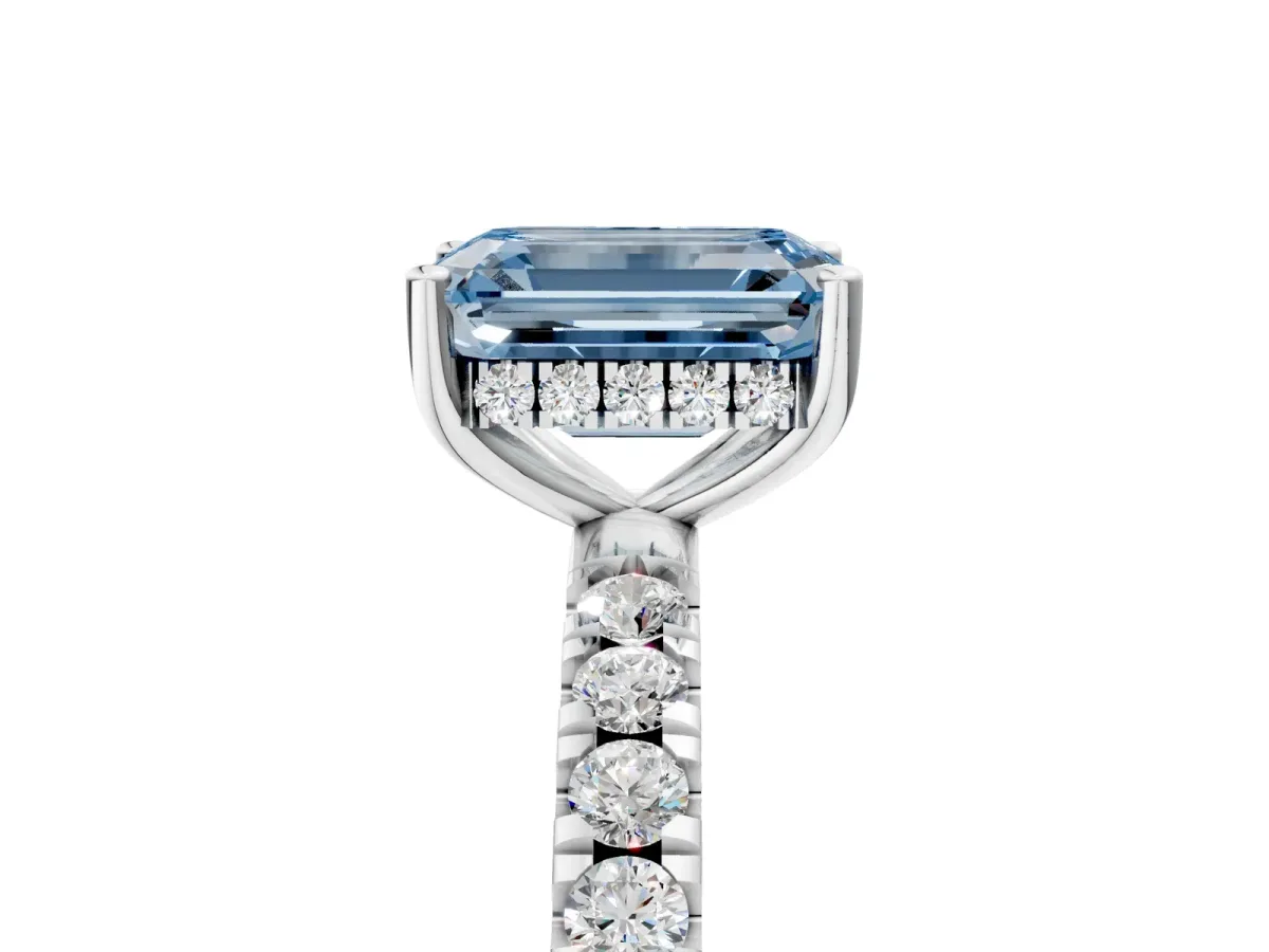 Fancy Blue Emerald Cut Diamond Pave Band Solitaire Ring with Round and Prong Setting Platinum