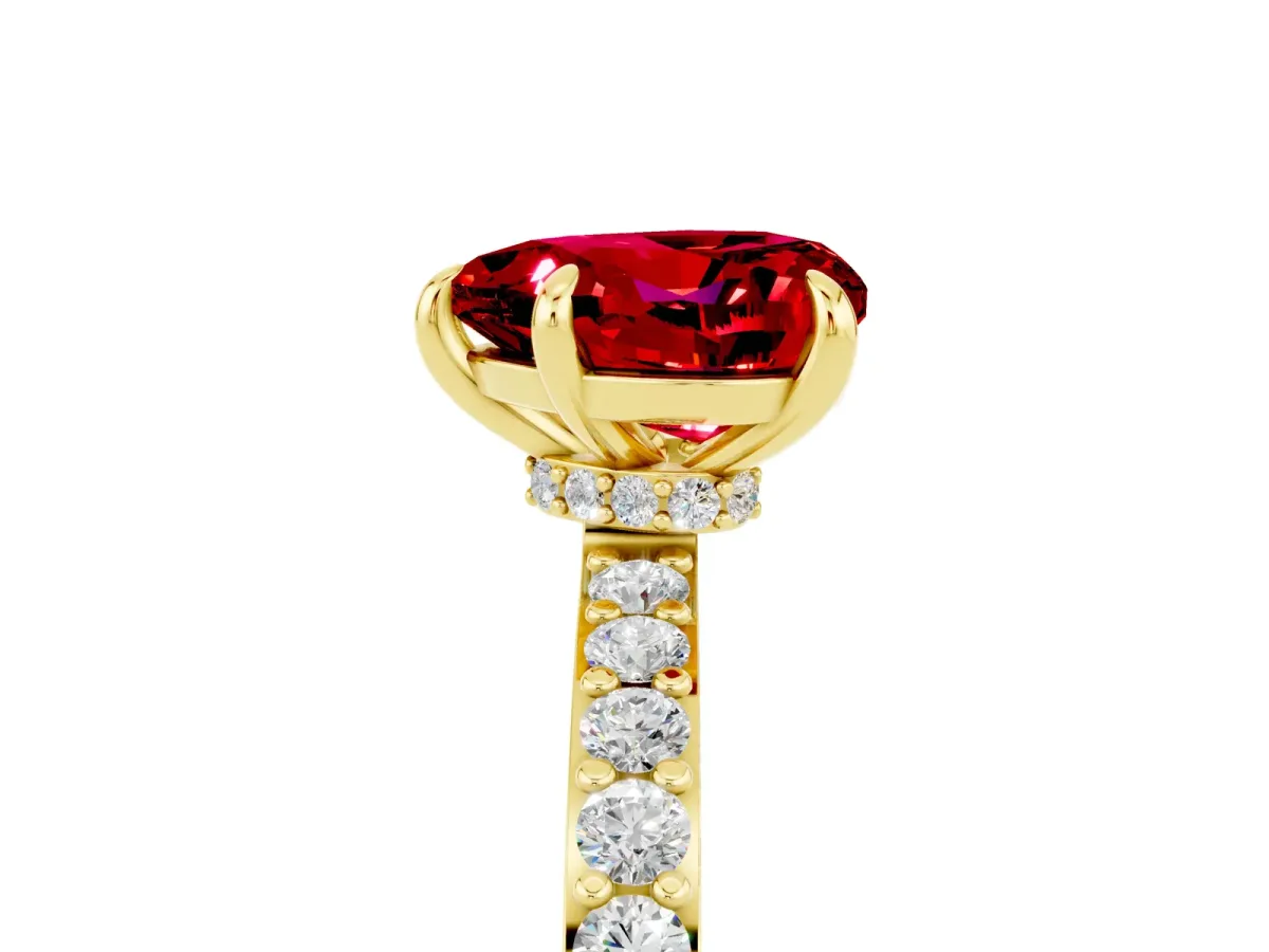 Heart Cut Ruby Solitaire Engagement Ring with Pavé Band and Four-Prong Setting Yellow gold
