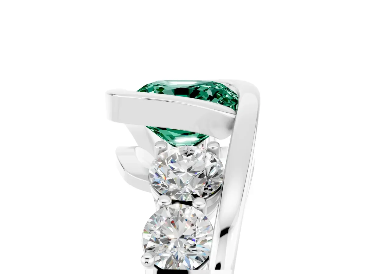 Bezel Set Cushion Cut Green Sapphire Bypass Ring with Round Accents Silver