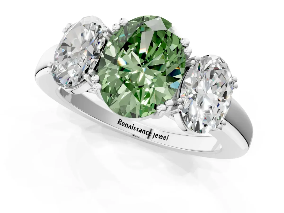 Fancy Green Three-Stone Oval Cut Cut Diamond Ring with Channel Set Band and Four-Prong Setting Silver