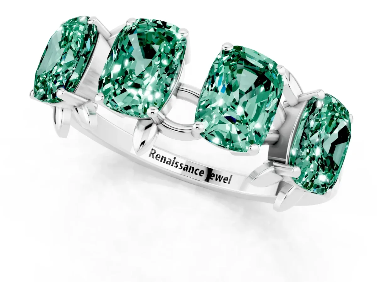 Four-Stone Elongated Cushion Green Sapphire Band with Nature-Inspired Prong Setting White gold