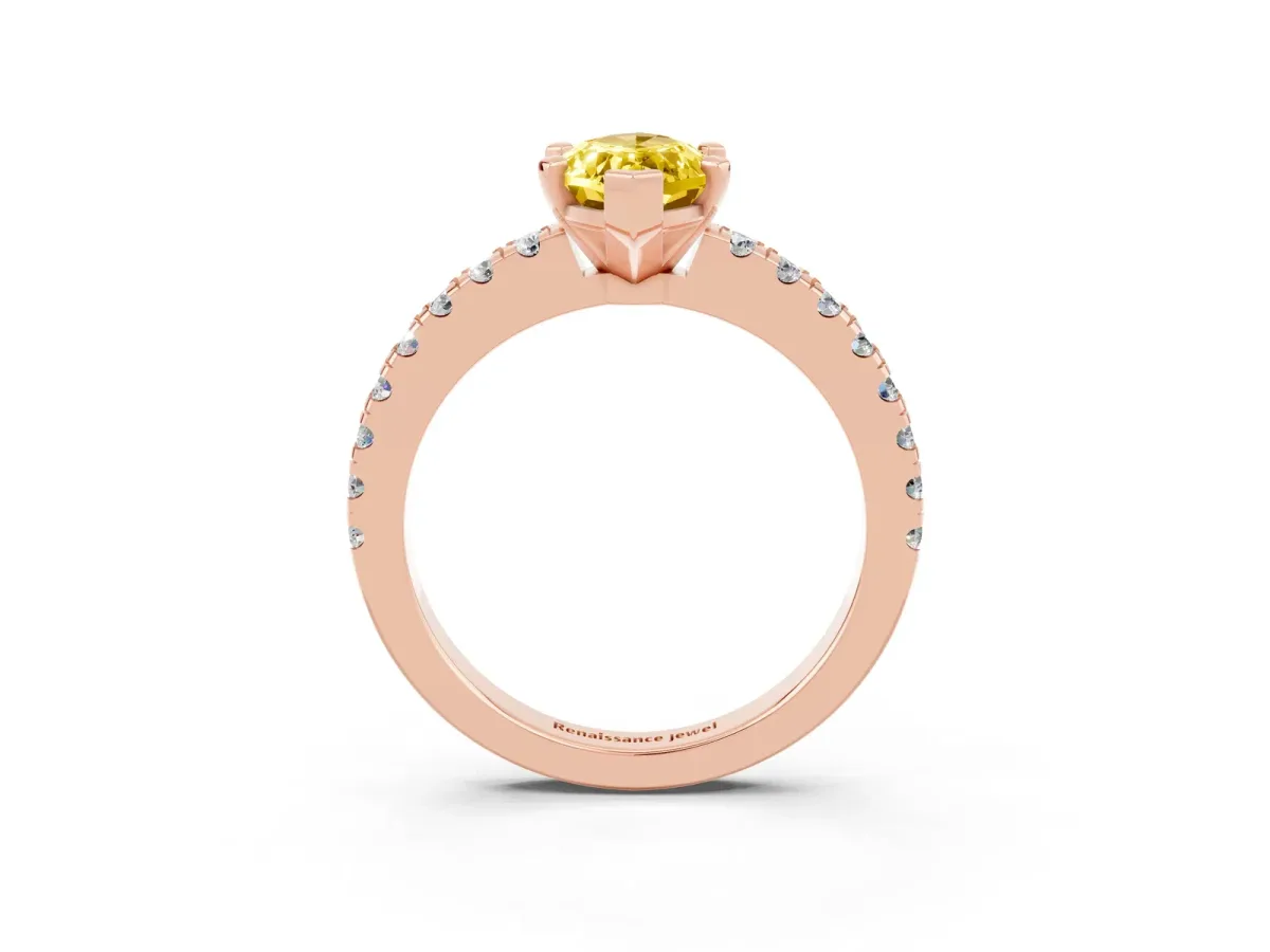 Marquise Cut Solitaire Yellow Sapphire with Pavé Band and Four-Prong Setting Rose gold