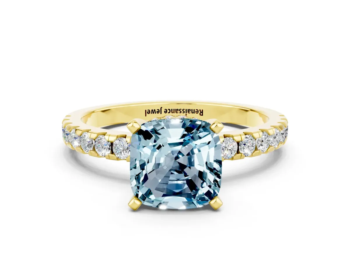 Cushion Cut Aquamarine Solitaire Ring with Round Pavé Band and Four-Prong Setting Yellow gold