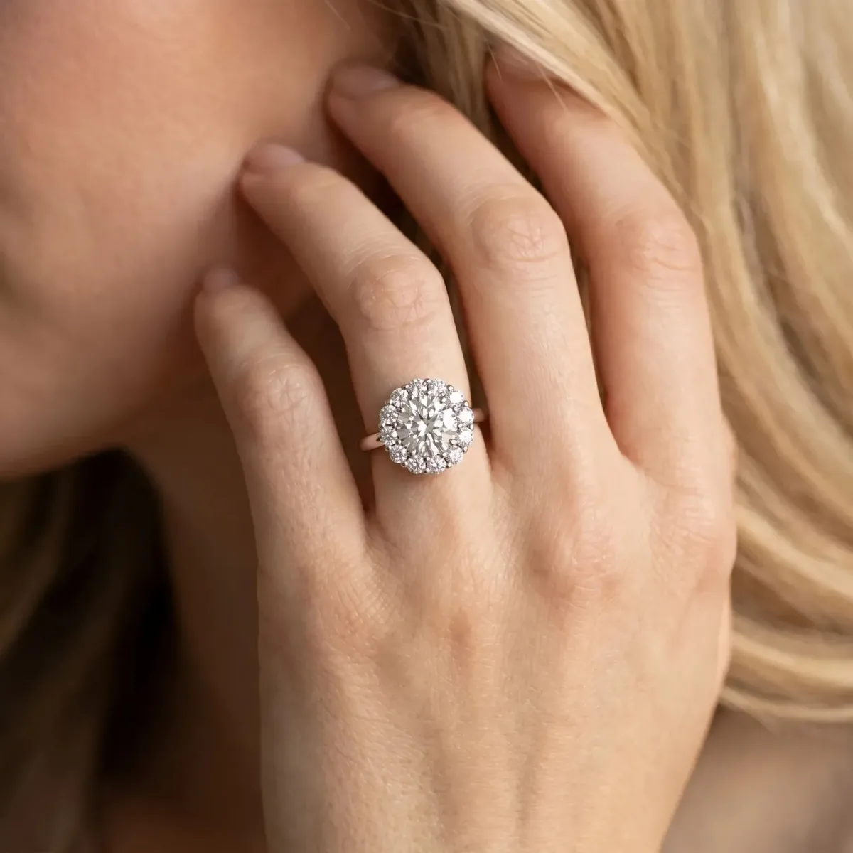 Round Cut Halo Cluster Diamond Engagement Ring with Prong Setting and Polished Band White gold