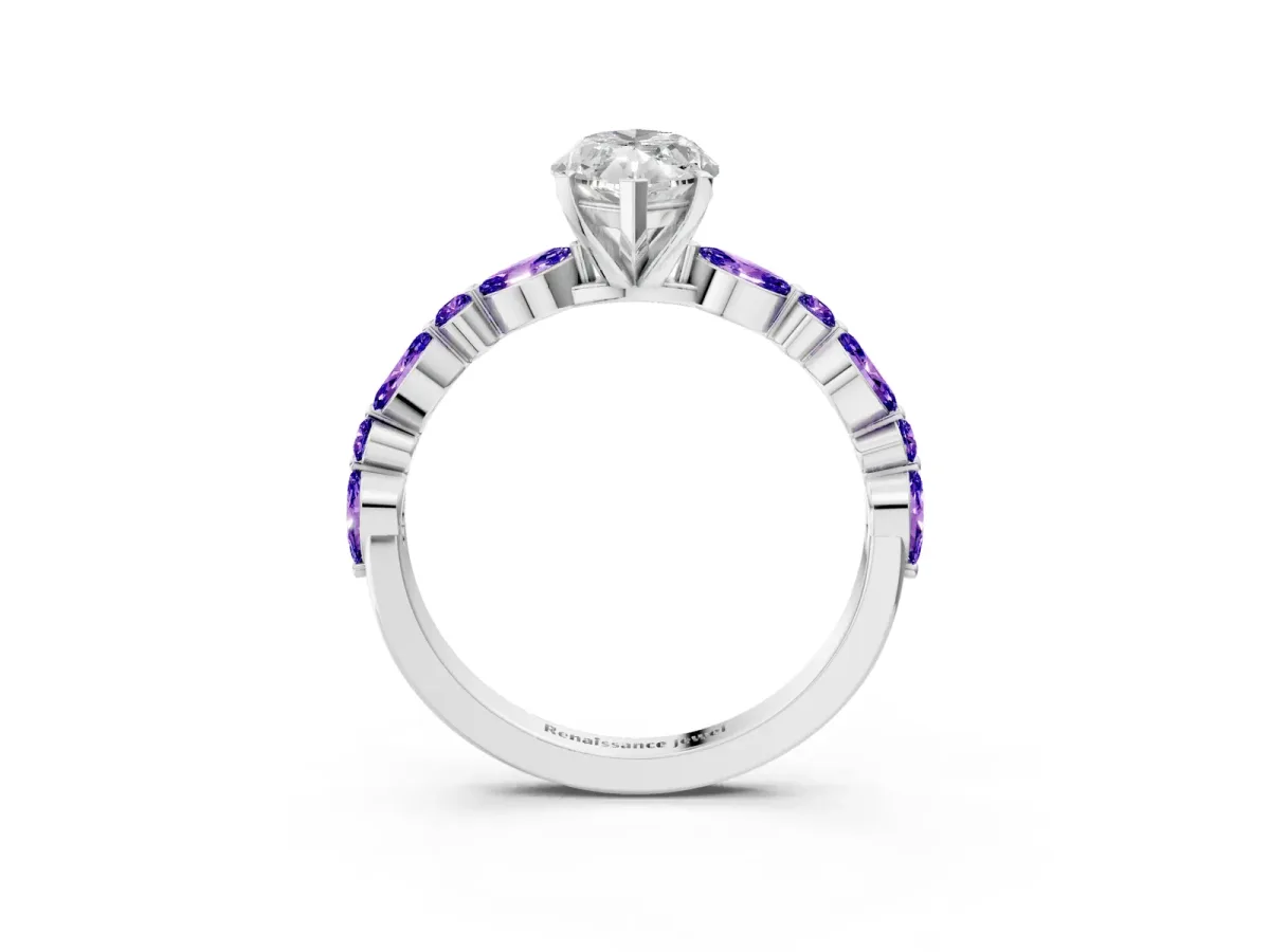 Marquise Cut Diamond Ring with Marquise and Round Tanzanite Side Stones and Four-Prong Setting White gold