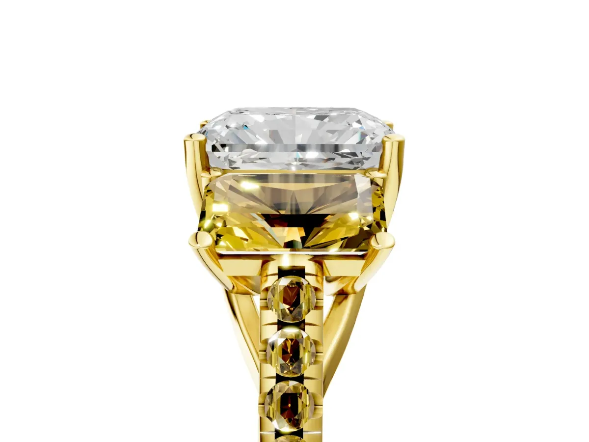 Three-Stone Radiant Cut Diamond Ring with Round Yellow Sapphire Pavé Band and Prong Setting Yellow gold