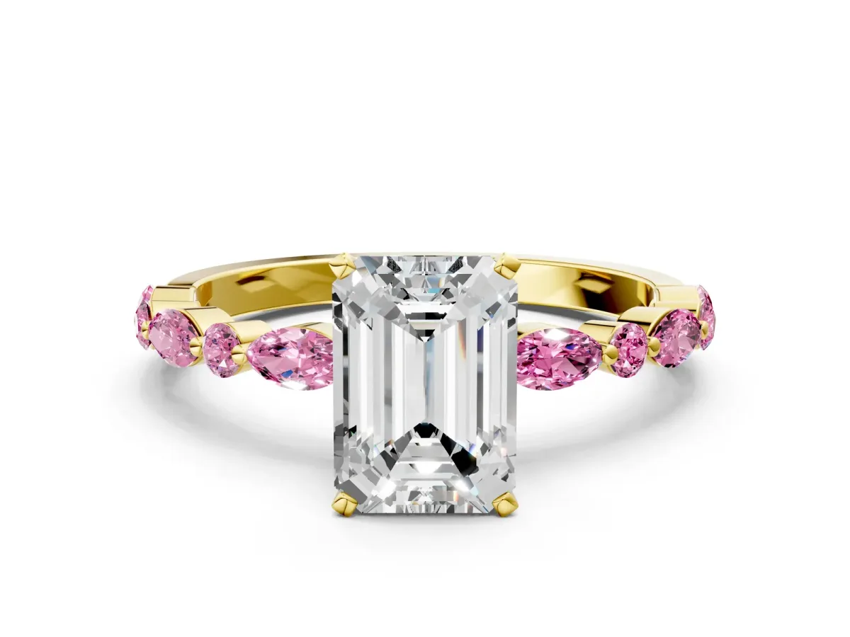 Emerald Cut Diamond Ring with Marquise and Round Pink Sapphire Side Stones and Four-Prong Setting Yellow gold