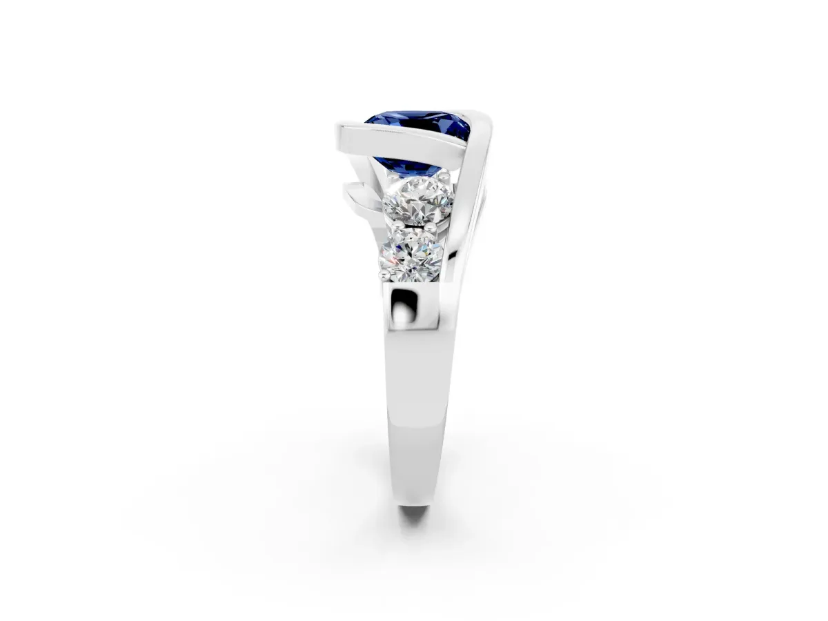 Bezel Set Cushion Cut Blue Sapphire Bypass Ring with Round Accents Silver