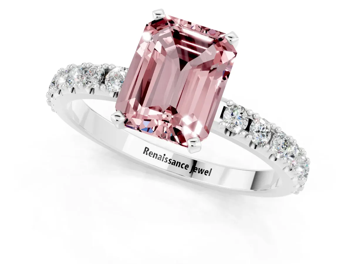 Emerald Cut Morganite Solitaire Pavé Band with Four-Prong Setting Silver