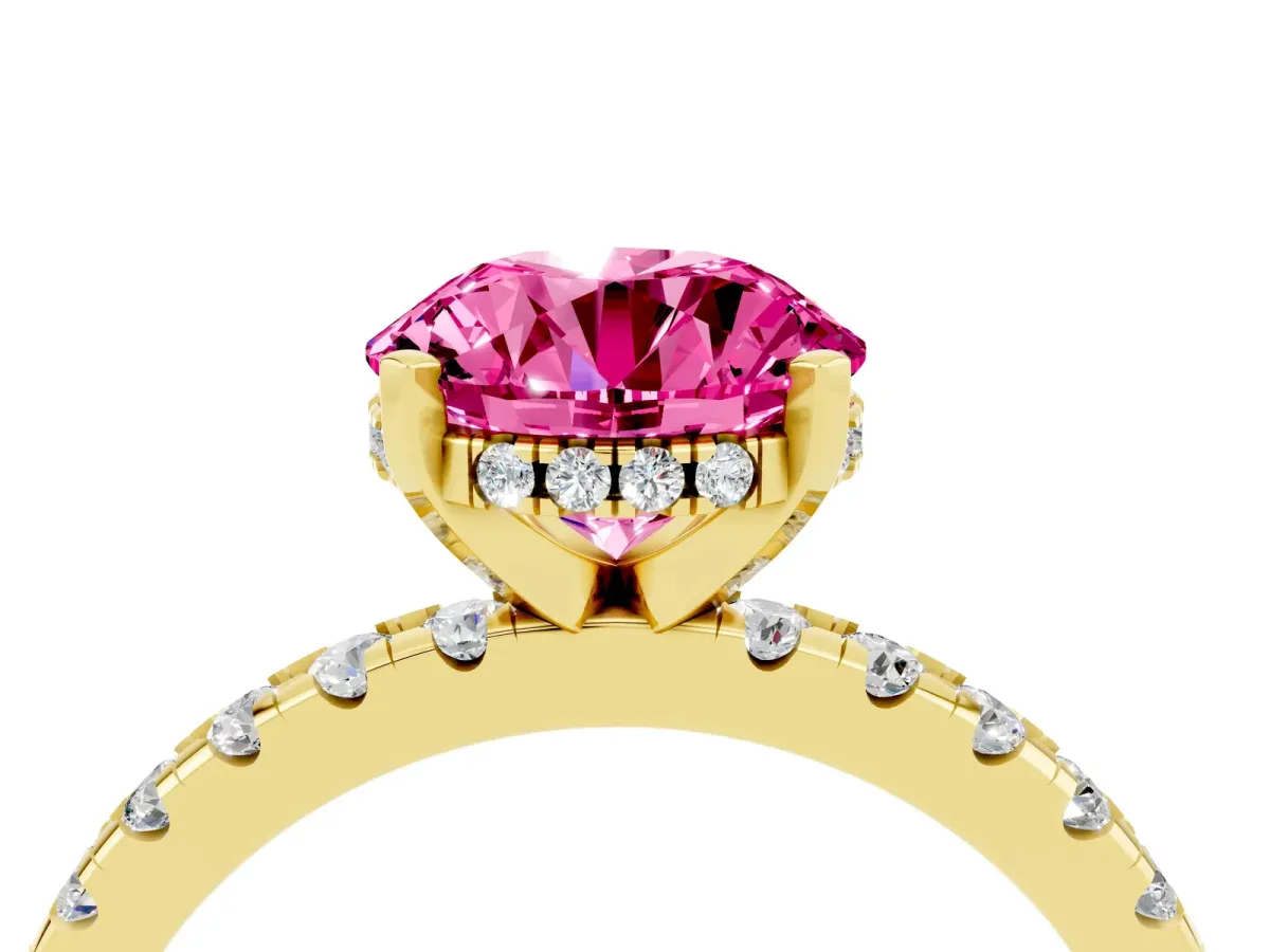 Round Cut Pink Sapphire Solitaire Ring with Round Pavé Band and Four-Prong Setting Yellow gold