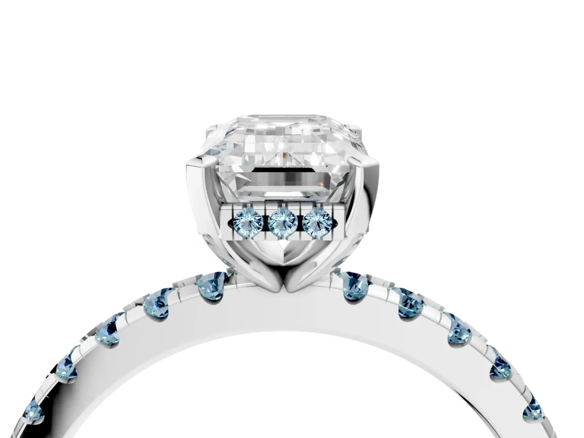 Emerald Cut Diamond Solitaire Ring with Round Aquamarine Pavé Band and Four-Prong Setting White gold