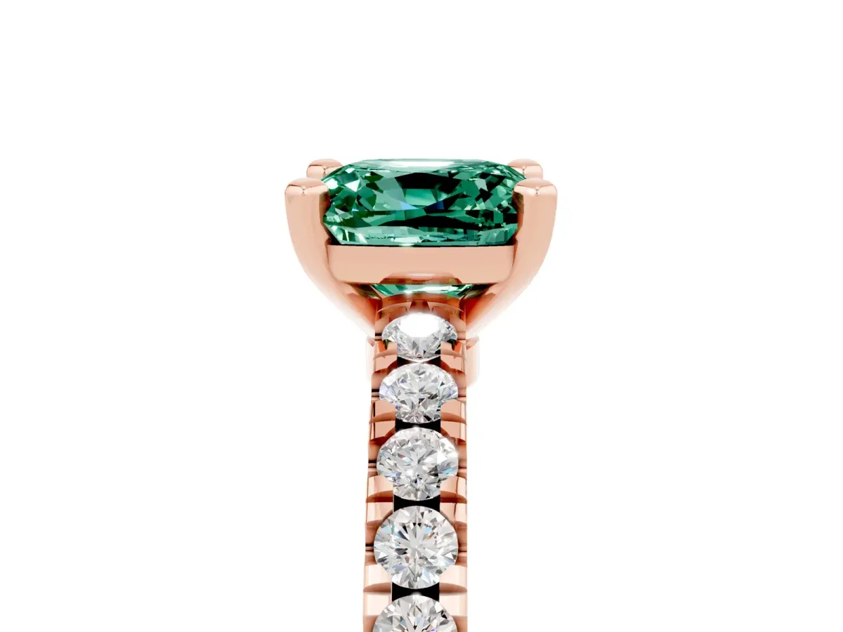 Cushion Cut Solitaire Green Sapphire with Pavé Band and Four-Prong Setting Rose gold