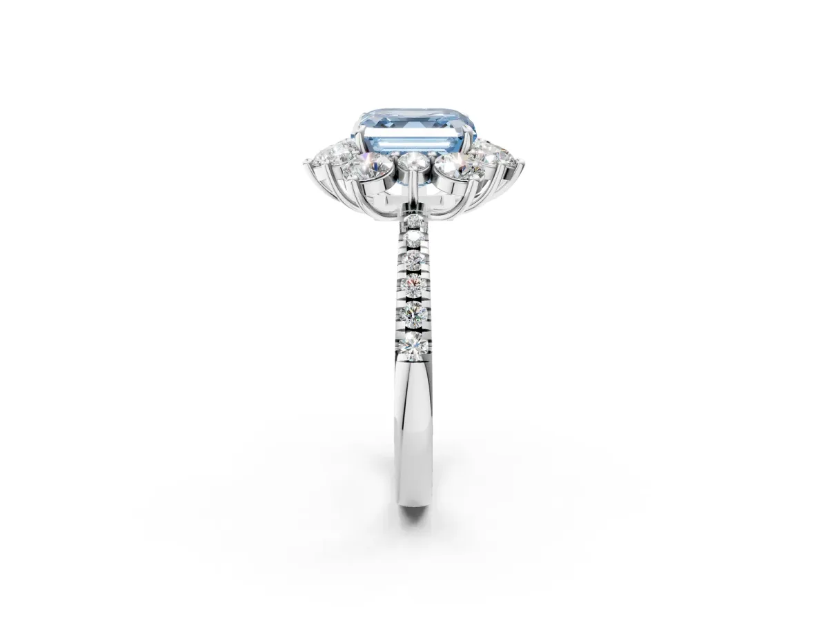 Fancy Blue Asscher Cut Diamond Floral Halo Ring with Round Pavé Band and Prong Setting Platinum