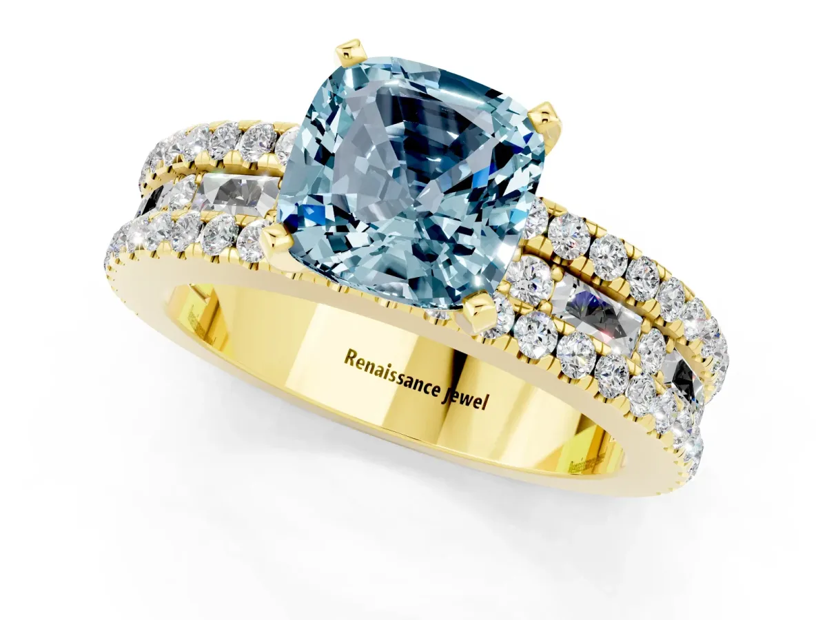 Cushion Cut Aquamarine Solitaire Ring with Pavé and Channel Set Band Yellow gold