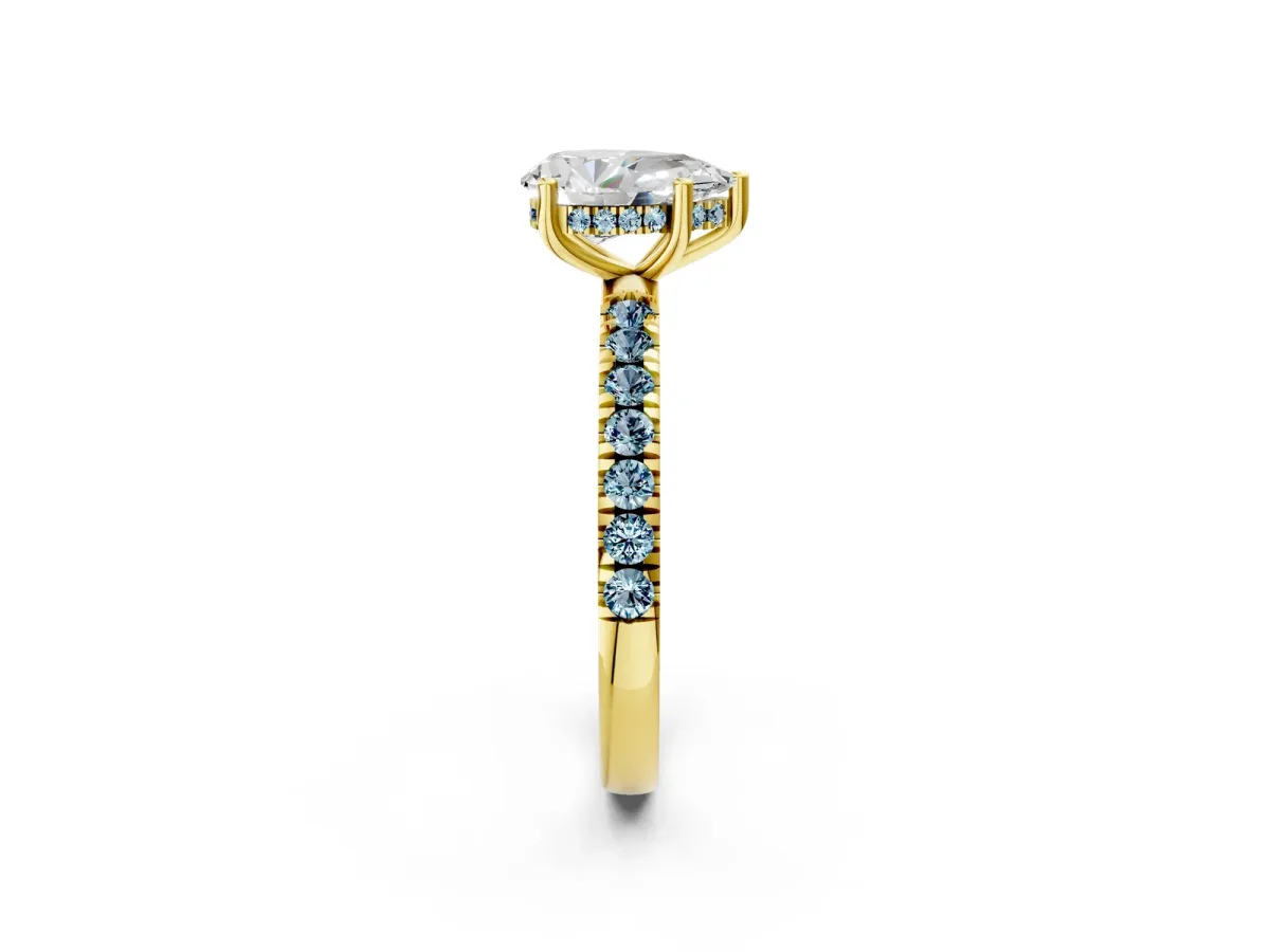 Pear Cut Diamond Pave Band Solitaire Ring with Round Aquamarine and Prong Setting Yellow gold