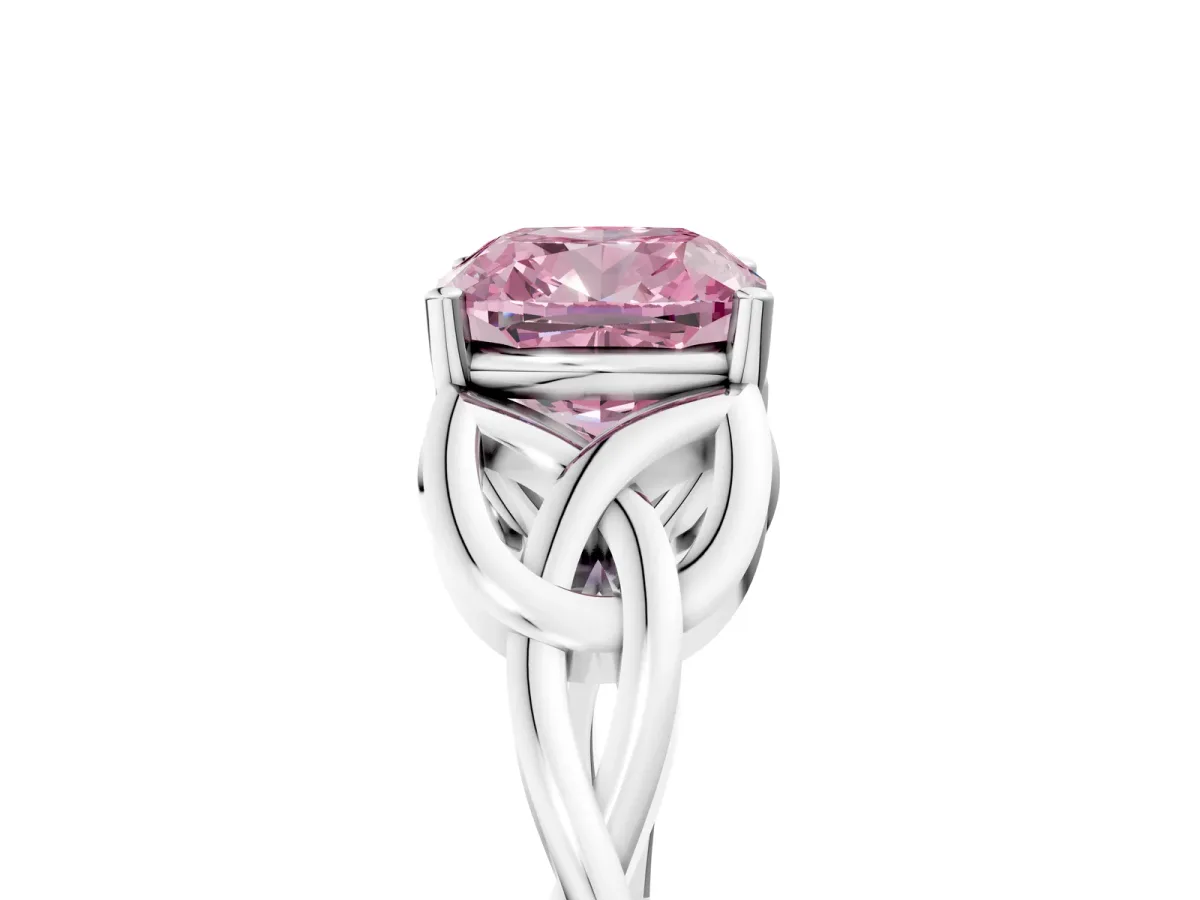 Fancy Pink Cushion Cut Diamond Solitaire Engagement Ring with Celtic Knot Band and Four-Prong Setting White gold