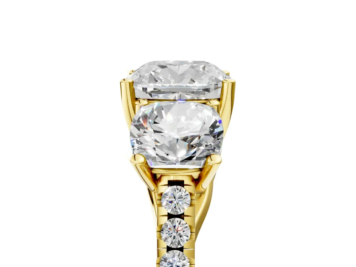 Fancy Green Three-Stone Cushion Cut Diamond Ring with Round Pavé Band and Prong Setting Yellow gold