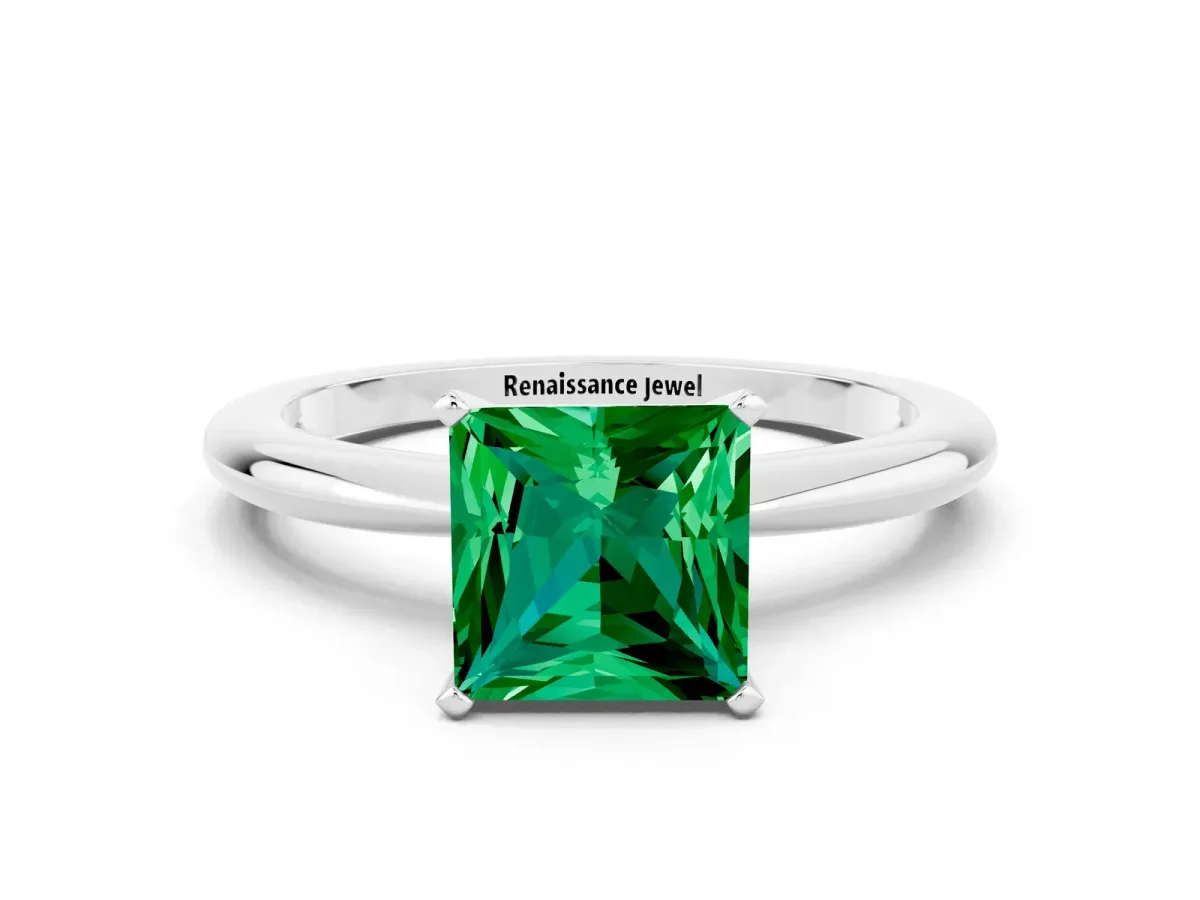 Princess Cut Emerald Solitaire Ring with Six-Prong Setting and Classic Band Silver